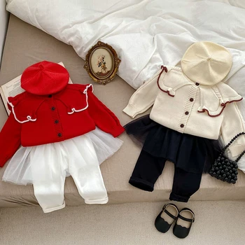 Kūdikių vaikai Mergaitės ilgomis rankovėmis Vienspalvis megztas megztas paltas + kelnės 2Vnt drabužių komplektai Vaikiškų vaikiškų drabužių kostiumas
