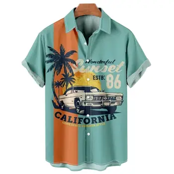Havajų stiliaus vintažinio automobilio spauda Vasariniai vyriški marškiniai Laisvalaikio oversized trumpomis rankovėmis Mada Vienpusės palaidinės Atlapai Marškiniai