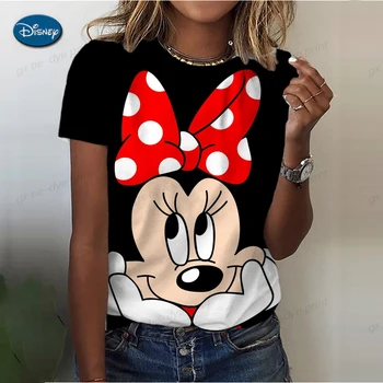 Moteriški drabužiai 2023 m. vasara Mickey Minnie Mouse Disney marškinėliai trumpomis rankovėmis mergaitėms Funny Fashion Streetwear Woman Shirt