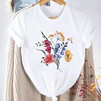 Paprasta mada Gražus gėlių atspaudas Marškinėliai Laisvalaikio moterų marginti drabužiai Drabužiai trumpomis rankovėmis Mada Vasara Moteriškas T-shir