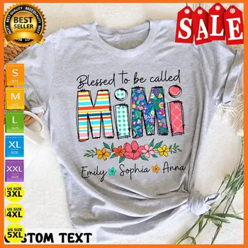 Personalizuoti močiutės marškiniai su vaikų vardais, palaiminti būti vadinami Mimi marškiniais, mot ilgomis rankovėmis