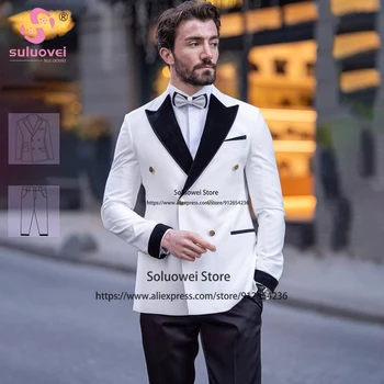 Fashion White Double Breasted Tuxedo Suits For Men Slim Fit 2 Pieces Pants Set Formal Grooms Wedding Peaked Tuxedos Blazer