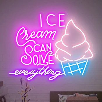 Ledai išsprendžia viską Neoninis ženklas Pasirinktiniai ledų baro ženklai Maisto parduotuvė Neono meno vakarėlis Suasmenintas neoninės šviesos sienų dekoras