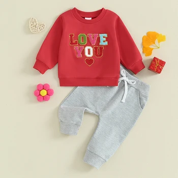 Mažyliai Baby Boys Valentino dienos apranga Širdies laiškas Neryškus siuvinėtas megztinis ilgomis rankovėmis Ilgos kelnės 2Vnt Drabužių komplektai