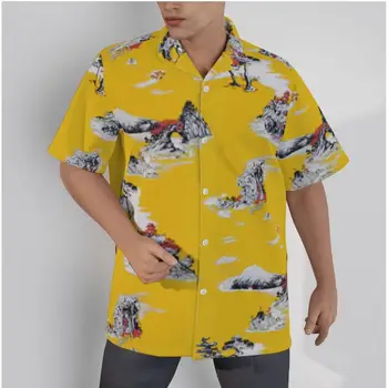 Vyrų Havajų geltoni marškiniai Creative Mountains Print Beach trumpomis rankovėmis Summer Casual Button Up Patchwork Tops 3D marškinėliai