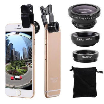 3-in-1 Fish Eye Lens Camera Sets Universal Wide Angle Mobile Phone Lenses Macro with Clip 0.67x For iPhone Samsung All Phones