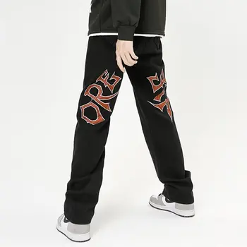 Hip Hop Letter siuvinėjimo dizainas Juodos kelnės 2023 Nauja mada Casual Rock tiesių kojų kelnės Džinsai vyrams Moterims 5022