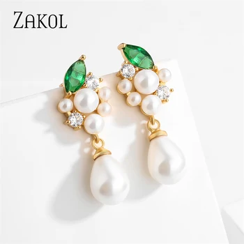 ZAKOL Green Marquise Zircon Leaf Dangle auskarai moterims Elegantiška perlų imitacija Vestuvių papuošalai