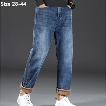 Casual Warm Jeans Slim Fit Fleece Thicken High Waisted Male Pants Oversized Denim Velvet Boys Plus Size 44 40 38 Large Kelnės